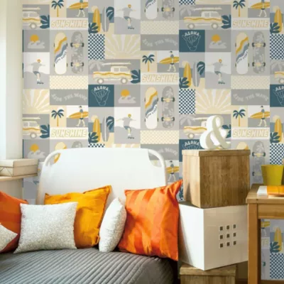 Papier peint intissé Les aventures surf jaune et gris L.1005 x l.53cm Lutèce