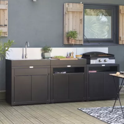 Cuisine extérieure 3 éléments avec crédences inox, acier époxy noir, Le Marquier