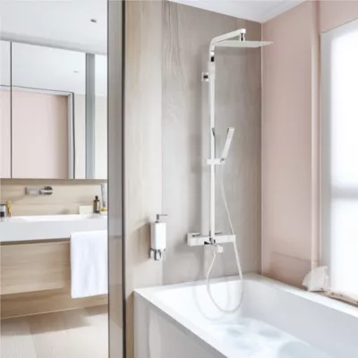 Colonne bain douche thermostatique avec pomme de tête, douchette et flexible, chrome, Valentin Touareg