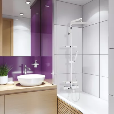 Image principale de Colonne bain douche thermostatique avec tablettes, pomme de tête, douchette et flexible, chrome, Valentin Touareg