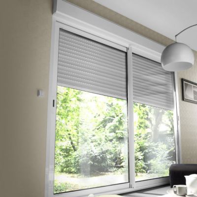 Baie vitrée coulissante aluminium avec volet roulant motorisé blanc - 240 x h.215 cm