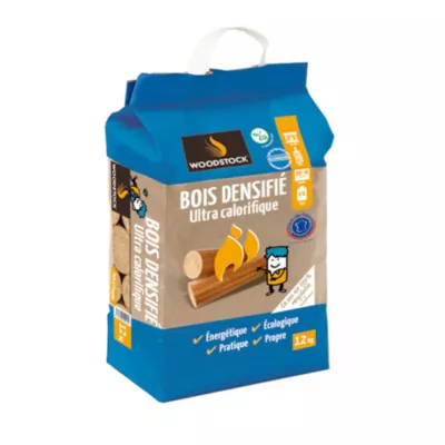 Bois densifié 8 bûches Woodstock 12kg - Prêt à l'emploi ≤ 10%