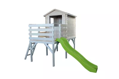 Cabane enfant bois Soulet Lison et terrasse, bac et toboggan