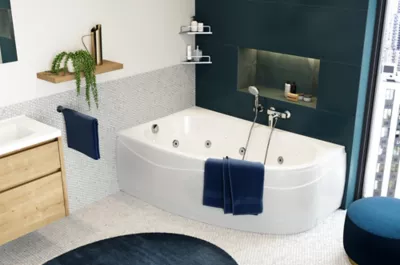 Baignoire balnéo asymétrique angle droit 160 x 100 cm Allibert Intensea Elba Duo + tablier