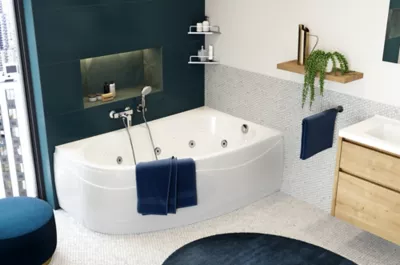 Baignoire balnéo asymétrique angle gauche 160 x 100 cm Allibert Intensea Elba Duo + tablier