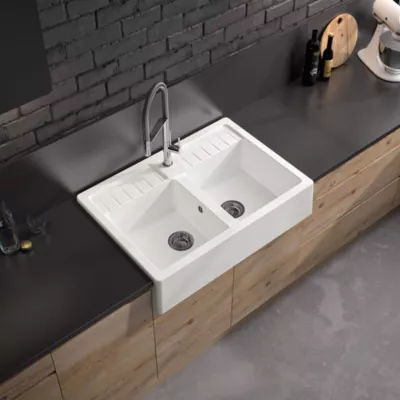 Évier timbre d’office à poser en granit blanc 2 bacs, L.90 x P.63 cm, Carea