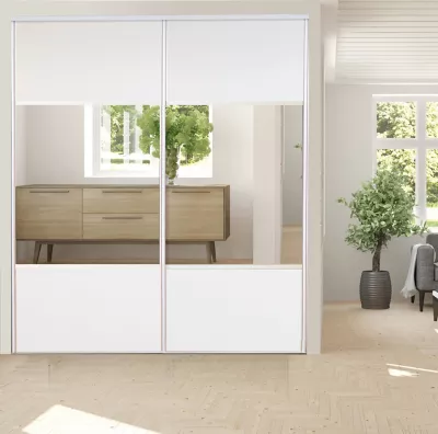 Porte de placard coulissante vendue par 2 avec miroir Optimum blanc veiné H. 250 x L. 180 cm