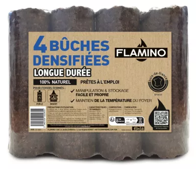 Image principale de Bûche densifiée longue durée Flamino - Prêt à l'emploi ≤ 12 % vendue par 4 pièces