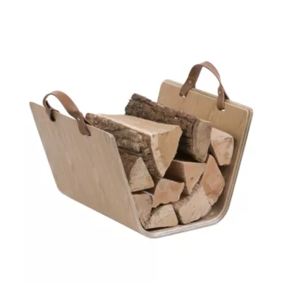 Range bûches en bois cintré avec anses en simili camel L.43 x l.40 x H.28 cm, Dixneuf Madera