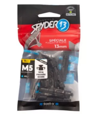 12 chevilles corps creux acier zingué Spyder M5 13mm + vis tête fraisée noir