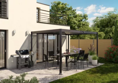 Tonnelle autoportante aluminium et toit polycarbonate Hespéride Belize graphite 3 x 3,8 m