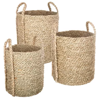Panier de rangement rond et opaque avec poignées, fibres naturelles vendu par 3 pièces