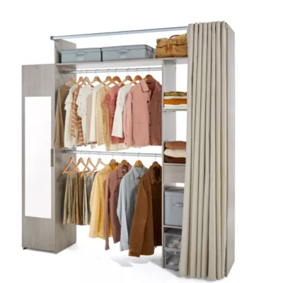 Kit dressing 2 colonnes avec porte miroir et rideau Taylor décor chêne grisé H. 220 x L. 212,5 x P. 40 cm
