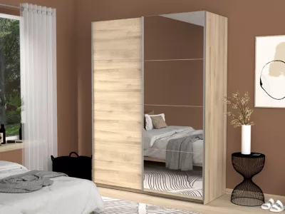 Armoire penderie portes coulissantes effet chêne et miroir l. 150 x H. 200 x Ep. 57 cm
