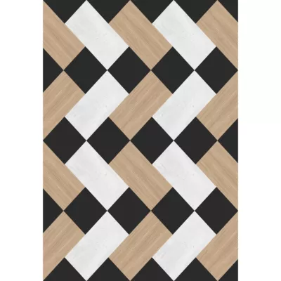 Tapis vinyle motif rectangles, carrés blancs, noirs et naturels L.95 x l.66 cm x ep. 2 mm