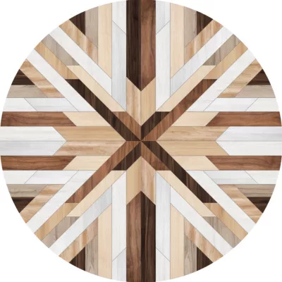 Tapis vinyle rond imitation chevrons coloris naturels, noyer & bois blanc ⌀99cm x ep 2mm