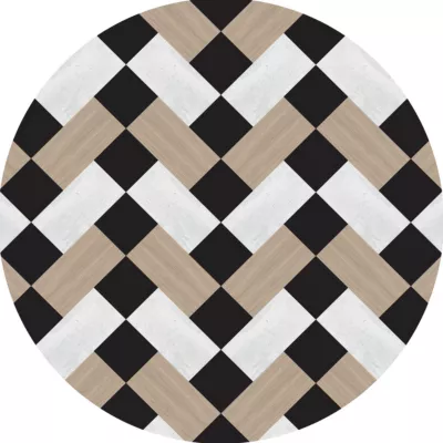 Tapis vinyle rond motif rectangles, carrés blancs, noirs et naturels et bois ⌀99cm x ep. 2mm