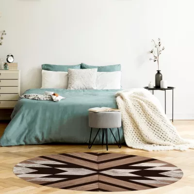 Tapis vinyle rond motif chevrons coloris chêne clair, blanc patiné et noir ⌀99cm x ep 2mm