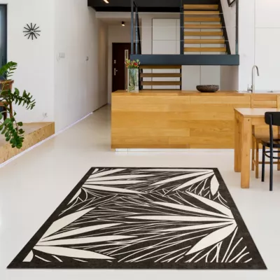 Tapis vinyle motif feuilles et palmes marron et beige L.180 x l.120 cm x ep. 2 mm