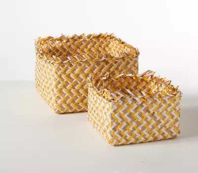 Lot de 2 paniers de rangement tressés carré effet jonc de mer jaune