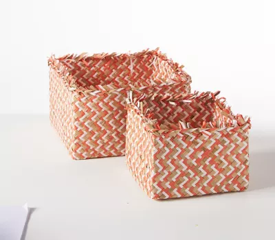 Lot de 2 paniers de rangement tressés L. 25 cm orange effet jonc de mer