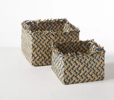 Lot de 2 paniers de rangement tressés carré effet jonc de mer bleu