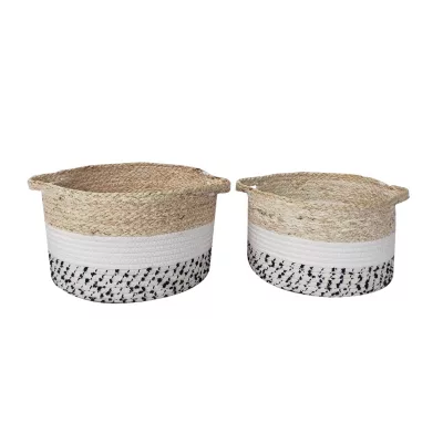 Panier rond en fibres naturelles Ornami noir et blanc avec poignée vendu par 2