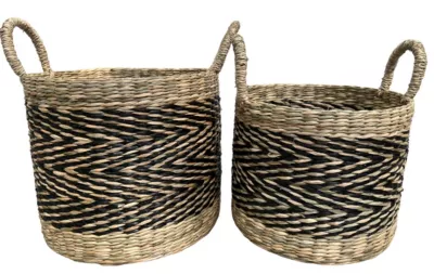 Panier rond en fibres naturelles Ornami motif à chevron noir vendu par 2