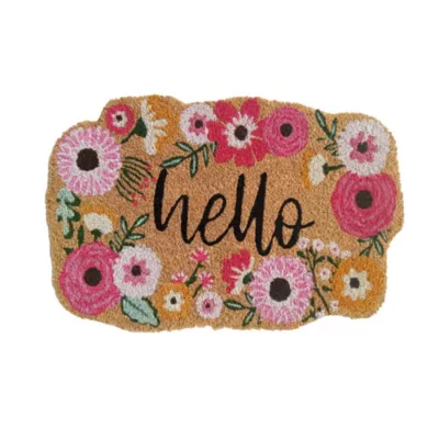 Paillasson d'entrée antidérapant en fibre de coco fleuri " Hello " rose L.60 x l.40cm Ornami