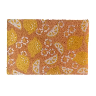 Paillasson d'entrée antidérapant en fibre de coco citron, fleurs jaune et blanc L.60 x l.40cm Ornami