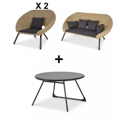 Lot table basse de jardin Nova + 2 fauteuils de jardin Loa + 1 canapé de jardin Loa