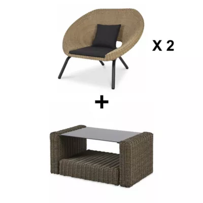 Lot table basse de jardin Soron 80 x 50 cm + 2 fauteuils de jardin Loa