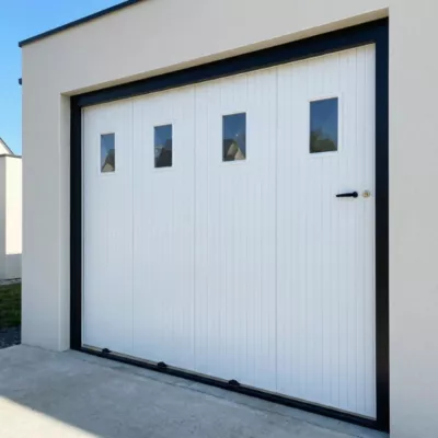 Porte de garage coulissante PVC, 4 vantaux, blanc, L.240 x h.200