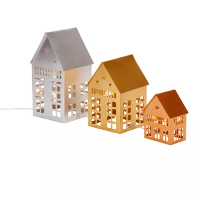 Set 3 mini maison métal LED blanc chaud