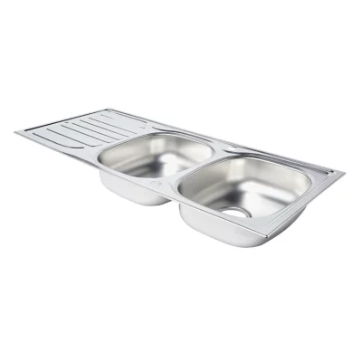Évier à encastrer en inox satiné 2 bacs avec égouttoir, L.116 x P.50 cm, Turing