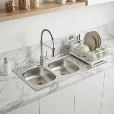 Évier à encastrer en inox satiné 2 bacs avec égouttoir, L.120 x P.60 cm, Mayr