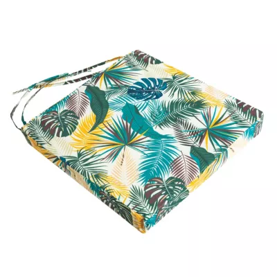 Gallette de chaise carré imperméable Palma feuillage tropical vert L.38 x l.38 x ep.8cm Deco&co