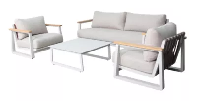 Salon de jardin Leather aluminium blanc et bois Proloisirs