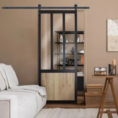 Ensemble porte coulissante noire Mykado 3 vitrages transparents et système de rail