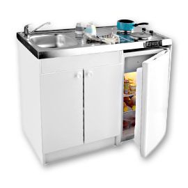 Kitchenette Simply blanche, caisson + plan de travail + évier + frigo + plaque électrique
