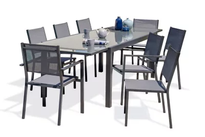 Ensemble table extensible L.200/300 cm et 6 chaises + 2 fauteuils de jardin Tolede aluminium gris anthracite DCB Garden