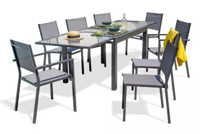Ensemble table extensible L.135/270 cm et 6 chaises + 2 fauteuils de jardin Tolede aluminium gris anthracite DCB Garden