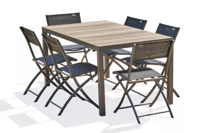 Ensemble table et 6 chaises de jardin Boston aluminium imitation bois clair DCB Garden