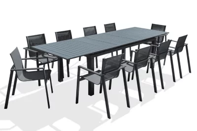Ensemble table extensible et 10 fauteuils de jardin Miami aluminium gris anthracite DCB Garden