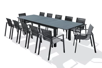 Ensemble table extensible et 12 fauteuils de jardin Miami aluminium gris anthracite DCB Garden