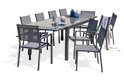 Ensemble table extensible L.200/300 cm et 8 chaises + 2 fauteuils de jardin Tolede aluminium gris anthracite DCB Garden