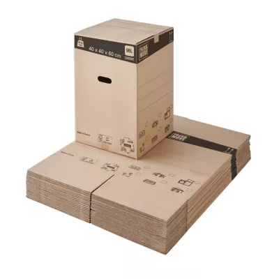 Carton déménagement large avec poignées H. 40 x L. 60 x l. 40 cm, capacité 96 L Pack and Move vendu par 20 pièces
