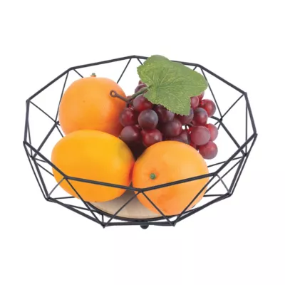 Corbeille à fruits ronde avec formes géométriques en métal noir et bambou