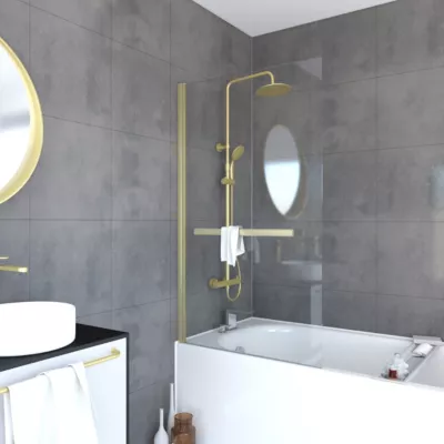 Pare-baignoire pivotant 150 x 85 cm, profilés aluminium doré brossé, porte-serviette, Galedo Prime