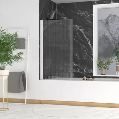 Pare-baignoire rabattable 140 x 80 cm, profilés aluminium blanc, verre ondulé, Galedo Wave
